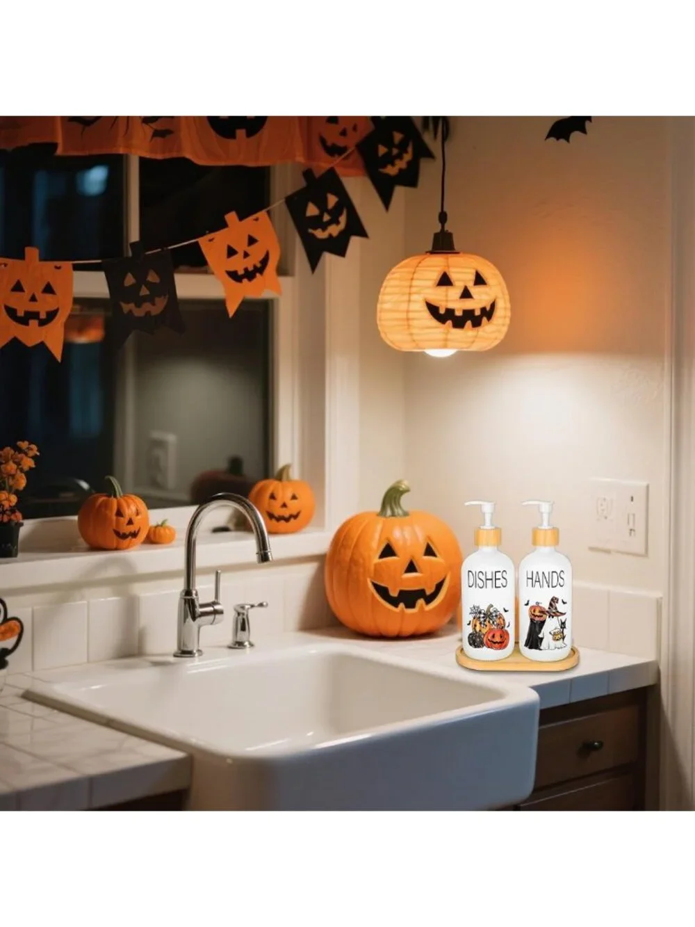 Spooky Pumpkin Ghost Soap Dispenser Set - Refillable Halloween Decor for Home